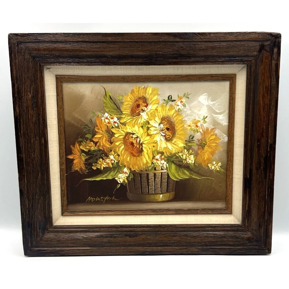 VTG Signed Framed Impressionist Oil Canvas Painting Sunflower Still Life 15x13